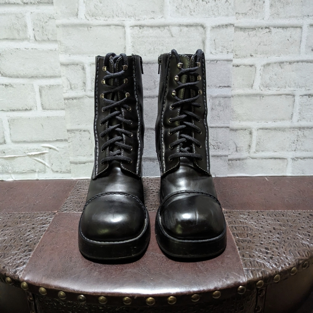 Frye Vintage Y2K Villager Boot Lace Up Zip Stitch 70's Chunky Heel Black Size 9 - Picture 5 of 16